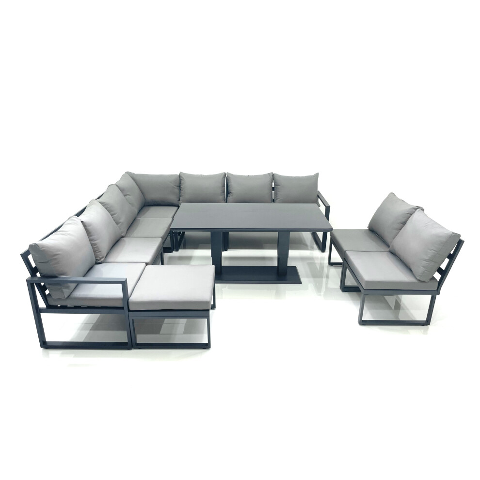 Fimous 10 Seater Outdoor Aluminum Garden Furniture Set Corner Sofa Big Footstool Rising Lifting Dining Table Sets Dark Grey