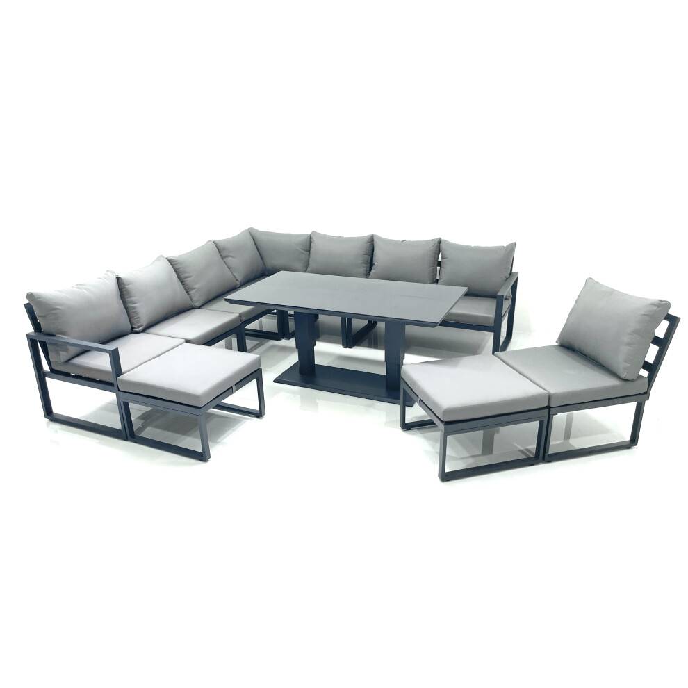 Fimous 10 Seater Outdoor Aluminum Garden Furniture Set Corner Sofa 2 Big Footstools Rising Lifting Dining Table Sets Dark Grey