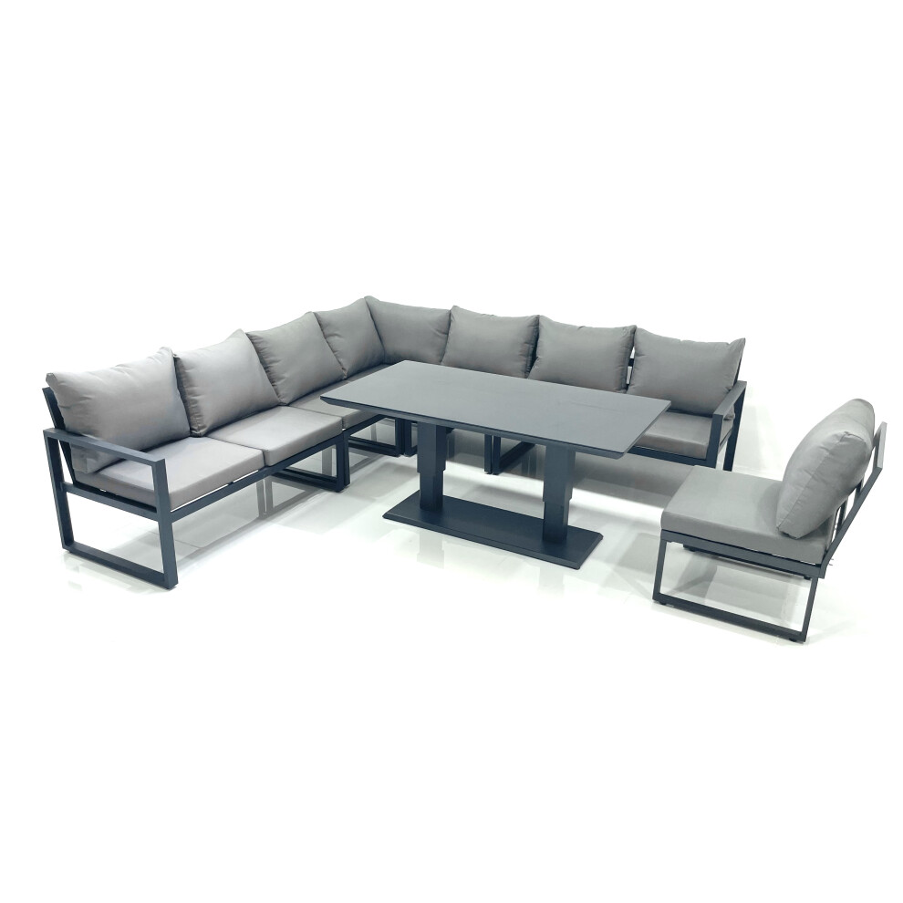 Fimous 8 Seater Outdoor Aluminum Garden Furniture Set Corner Sofa Rising Lifting Dining Table Sets Dark Grey