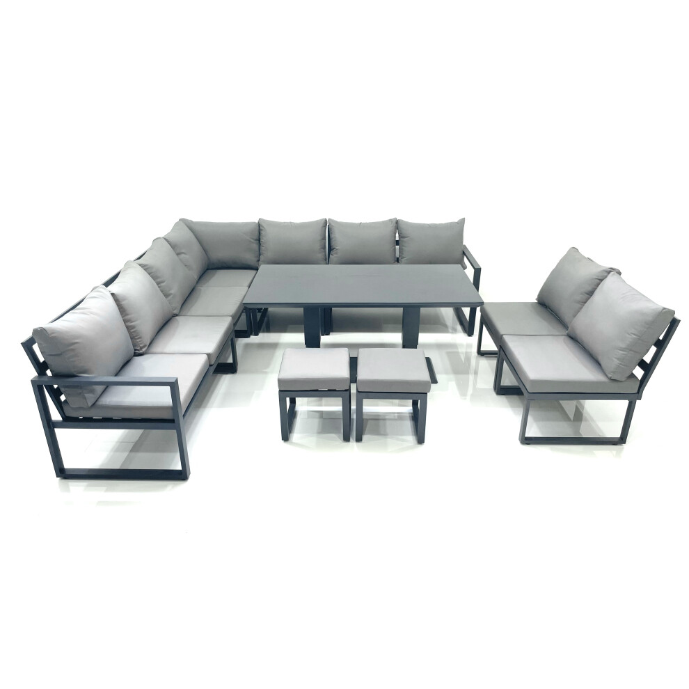 Fimous 11 Seater Outdoor Aluminum Garden Furniture Set Corner Sofa 2 Small Footstools Rising Lifting Dining Table Sets Dark Grey