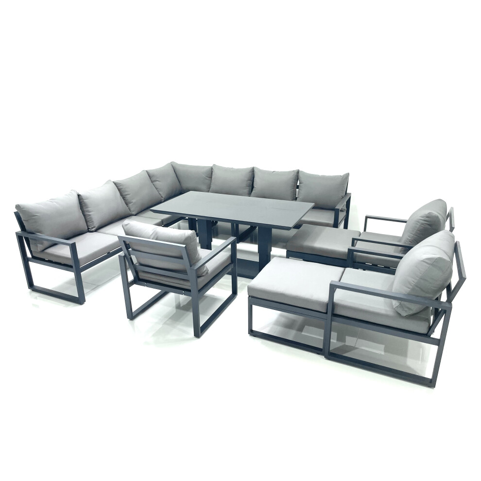 Fimous 12 Seater Outdoor Aluminum Garden Furniture Set Corner Sofa 3 Chair 2 Big Footstools Adjustable Rising Lifting Table Sets Dark Grey