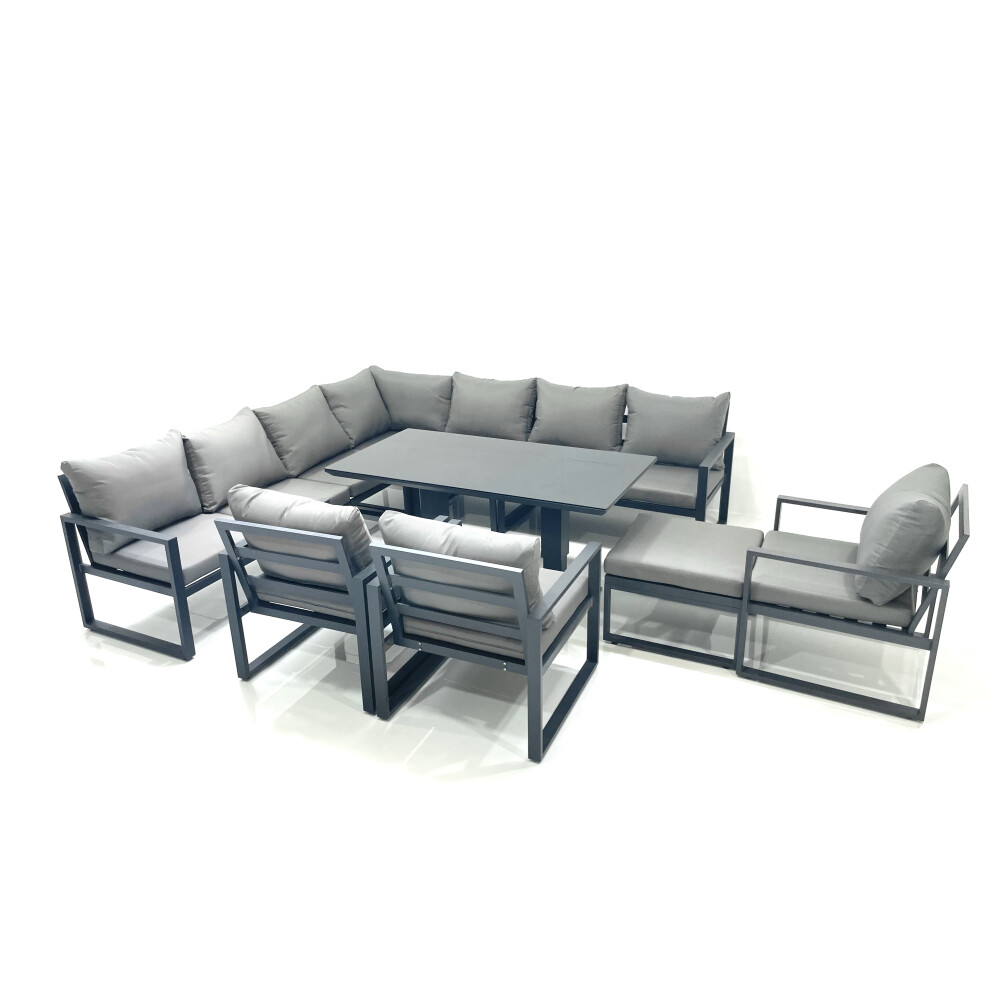 Fimous 11 Seater Outdoor Aluminum Garden Furniture Set Corner Sofa Big Footstool 3 Chairs Adjustable Rising Lifting Table Sets Dark Grey