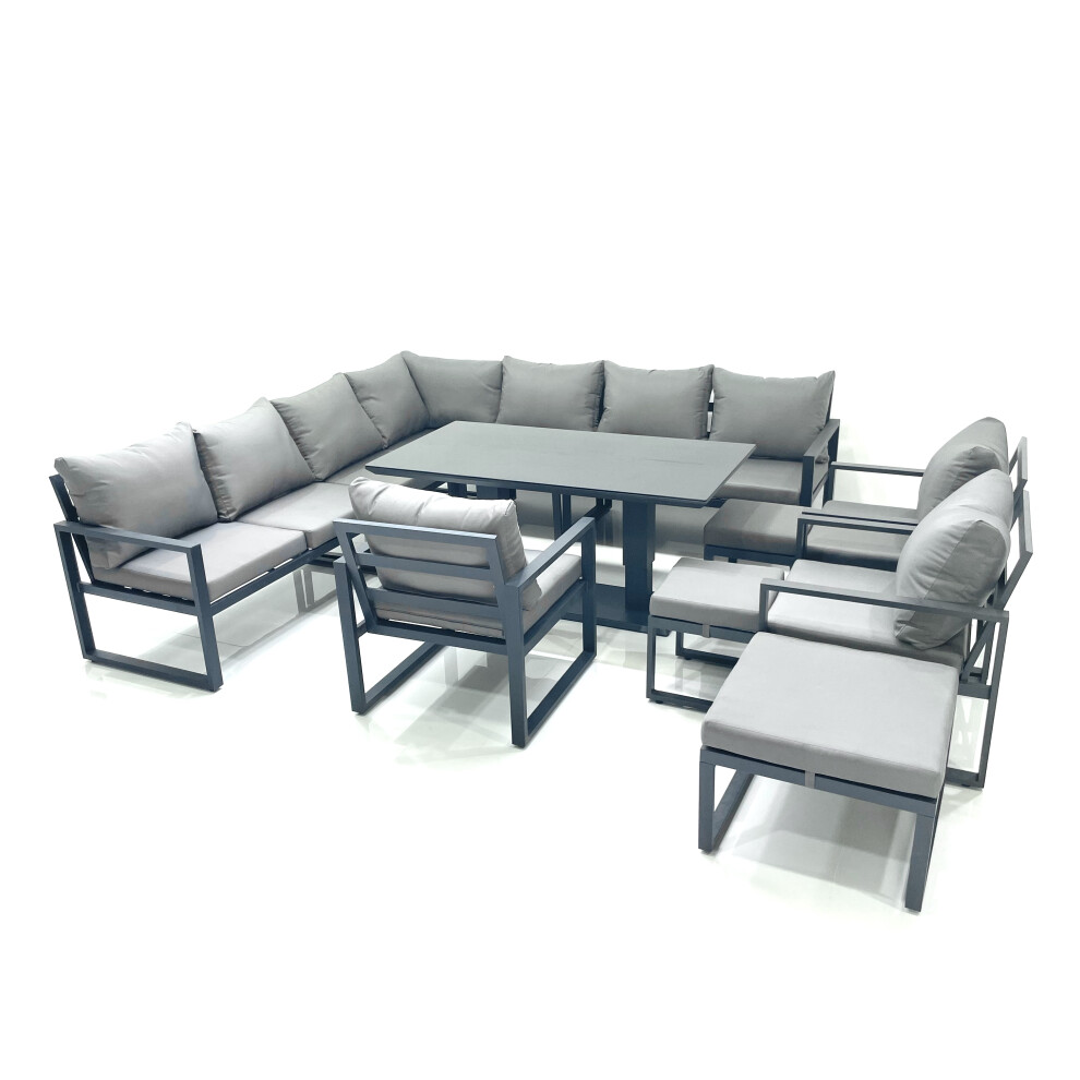 Fimous Dark/Grey 13 Seater Outdoor Aluminum Garden Furniture Set Corner Sofa 3 Chair 3 Footstools Adjustable Rising Lifting Dining Table Sets - Image 2