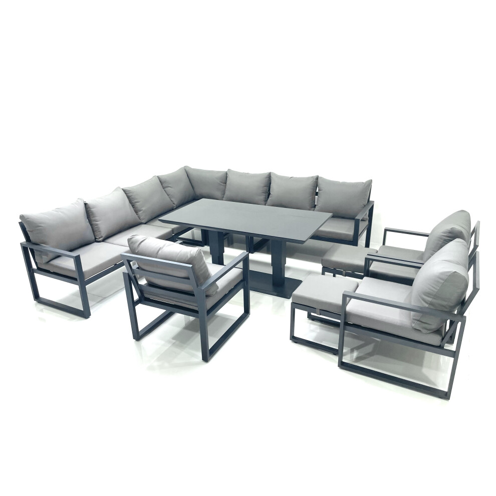 Fimous Dark/Grey 12 Seater Outdoor Aluminium Garden Furniture Set Corner Sofa 3 Chair 2 Small Footstool Adjustable Rising Lifting Dining Table Sets - Image 2