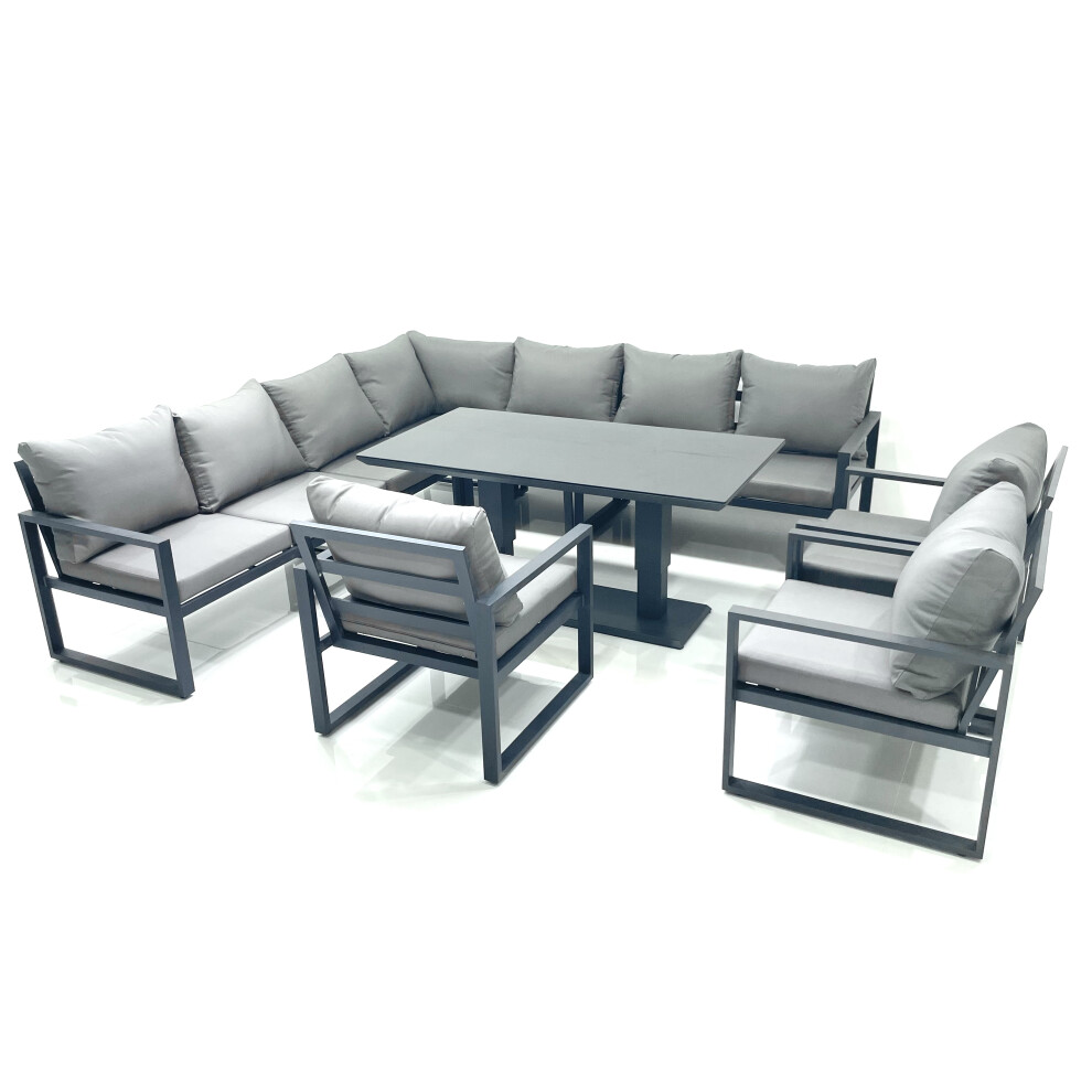 Fimous Dark/Grey 9 Seater Outdoor Aluminum Garden Furniture Set With Corner Sofa, 3 Chairs & Adjustable Rising Dining Table - Image 2