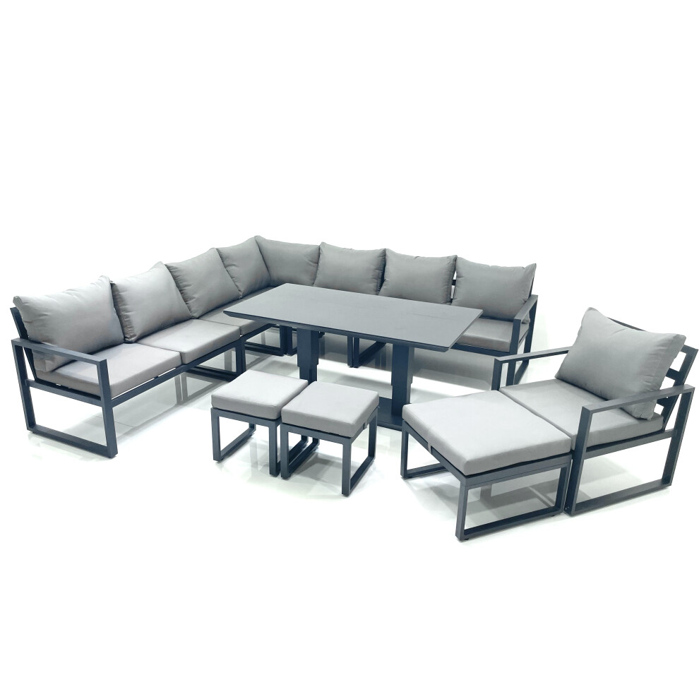 Rackhams Dark/Grey 11 Seater Outdoor Aluminium Garden Furniture Set With Corner Sofa, Chair, 3 Footstools & Adjustable Rising Dining Table - Image 2