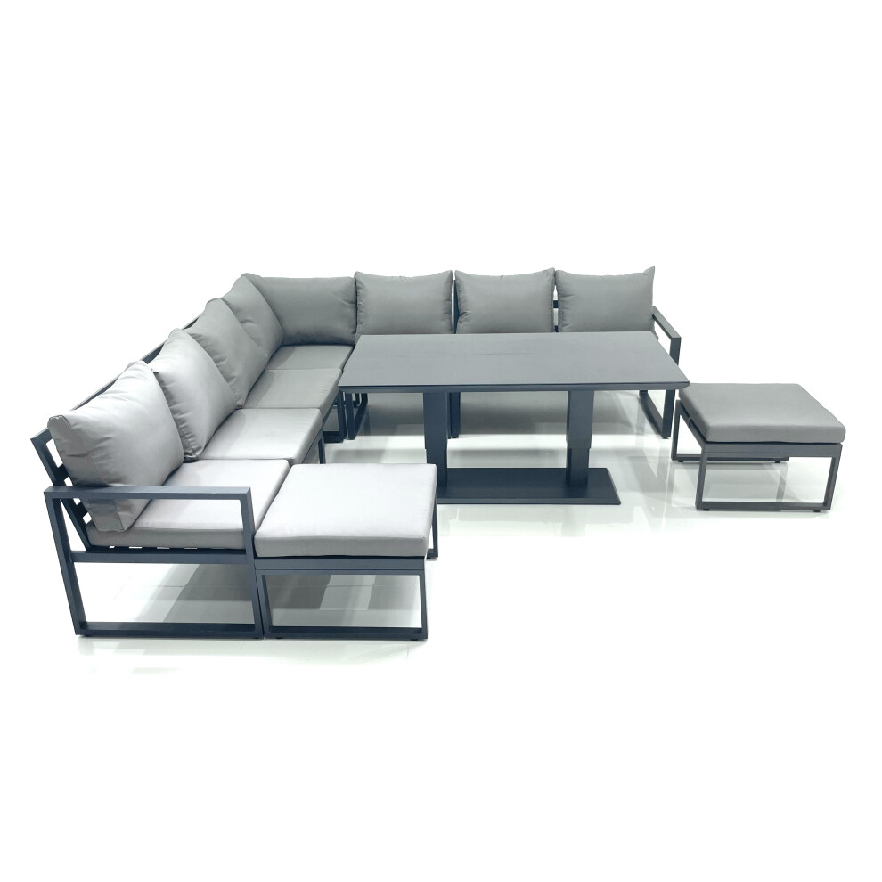 Fimous Dark/Grey 9 Seater Outdoor Aluminum Garden Furniture Set Corner Sofa 2 Big Footstools Adjustable Rising Lifting Dining Table Sets - Image 2