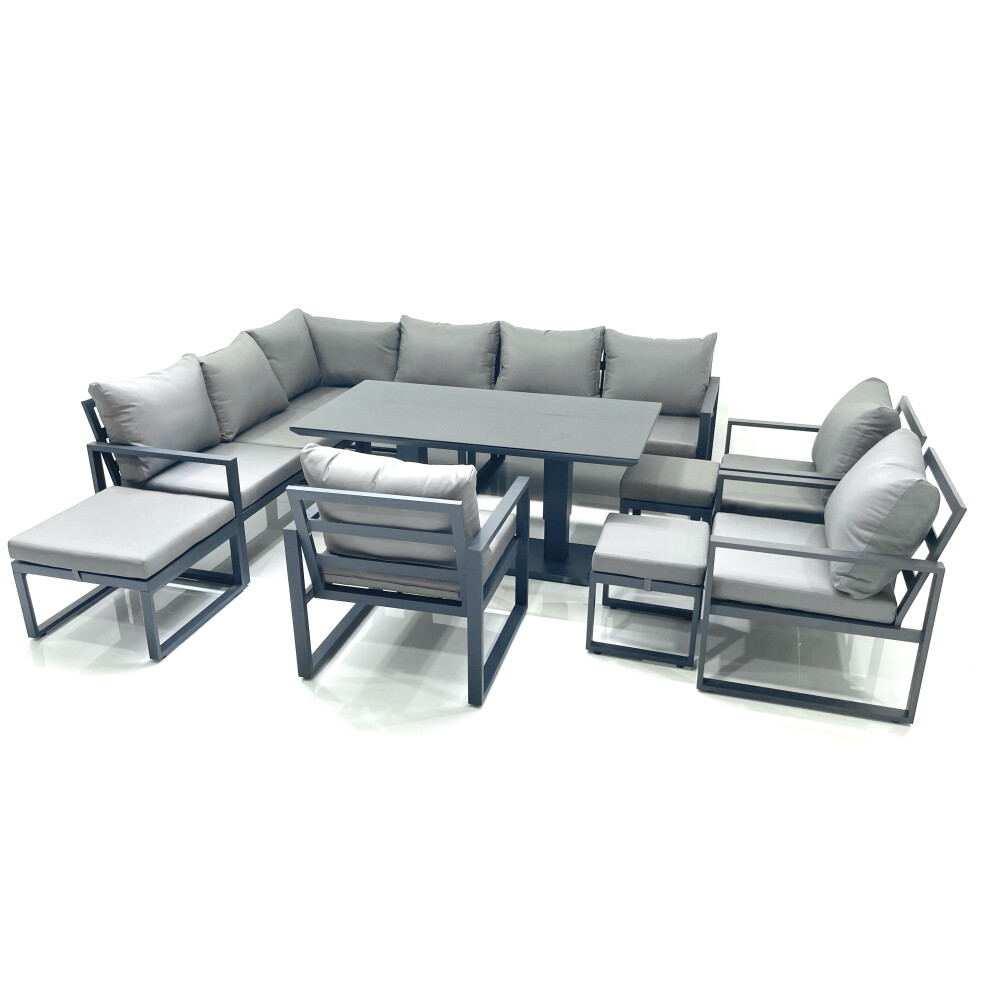 Fimous Aluminum Outdoor Garden Furniture Set Corner Sofa 3 Chair 3 Footstools Adjustable Rising Lifting Dining Table Sets Dark Grey