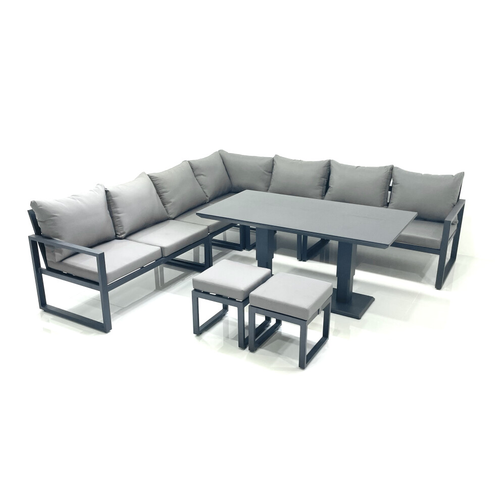 Fimous 9 Seater Outdoor Aluminum Garden Furniture Set Corner Sofa 2 Small Footstool Adjustable Rising Lifting Table Sets Dark Grey