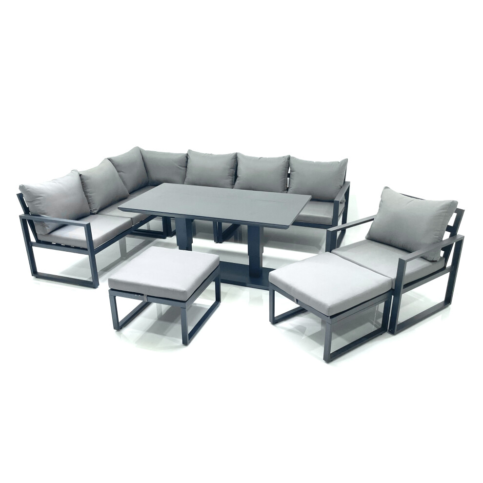 Fimous Aluminum Outdoor Garden Furniture Set Corner Sofa Chair 2 Big Footstools Adjustable Rising Lifting Dining Table Sets Dark Grey