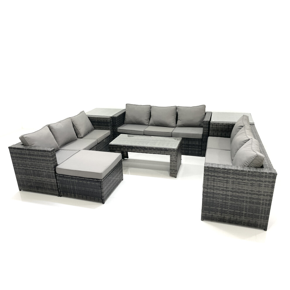 Fimous Outdoor Garden Furniture Set 10 Seater Rattan Sofa Set with Coffee Table Big Footstool 2 Side Tables Dark Grey Mixed