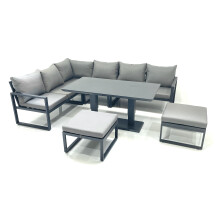 Fimous Aluminum Outdoor Garden Furniture Set Corner Sofa 2 Big Footstools Adjustable Rising Lifting Dining Table Sets Dark Grey