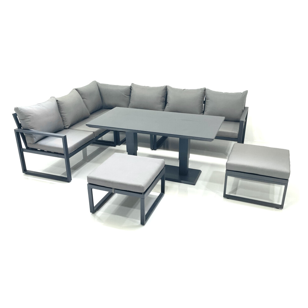 Fimous Aluminum Outdoor Garden Furniture Set Corner Sofa 2 Big Footstools Adjustable Rising Lifting Dining Table Sets Dark Grey