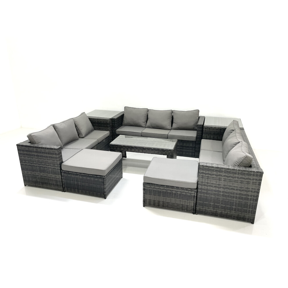 Fimous Dark/Grey Outdoor Garden Furniture Set 8 Pieces Rattan Sofa Set With Coffee Table 2 Big Footstools Side Table Mixed - Image 2