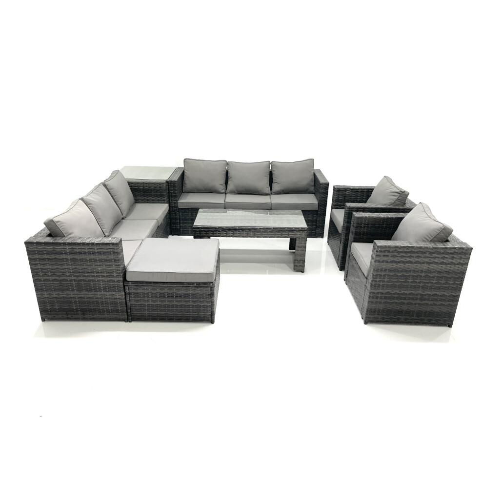 Fimous Rattan Garden Furniture Sofa Set With Coffee Table Armchair Side Table Big Footstool Dark Mixed Grey