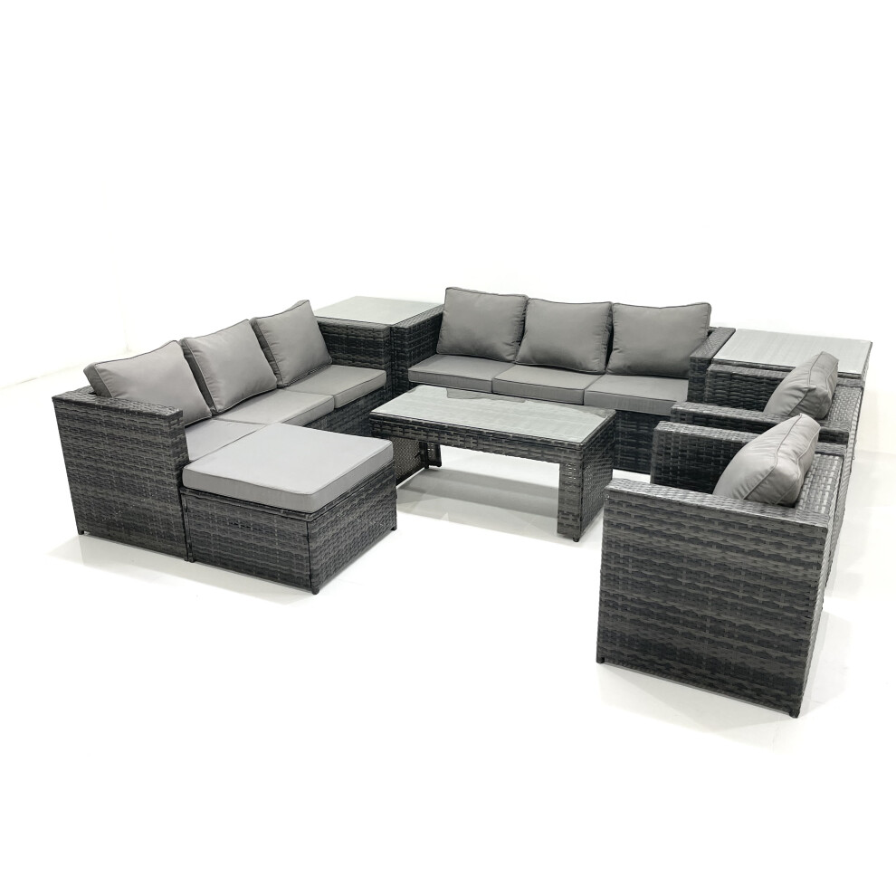 Fimous Rattan Garden Furniture Sofa Set with Coffee table Armchair 2 Side Tables Big Footstool Dark Grey Mixed-image-OPC-PFSS7X6-NEW