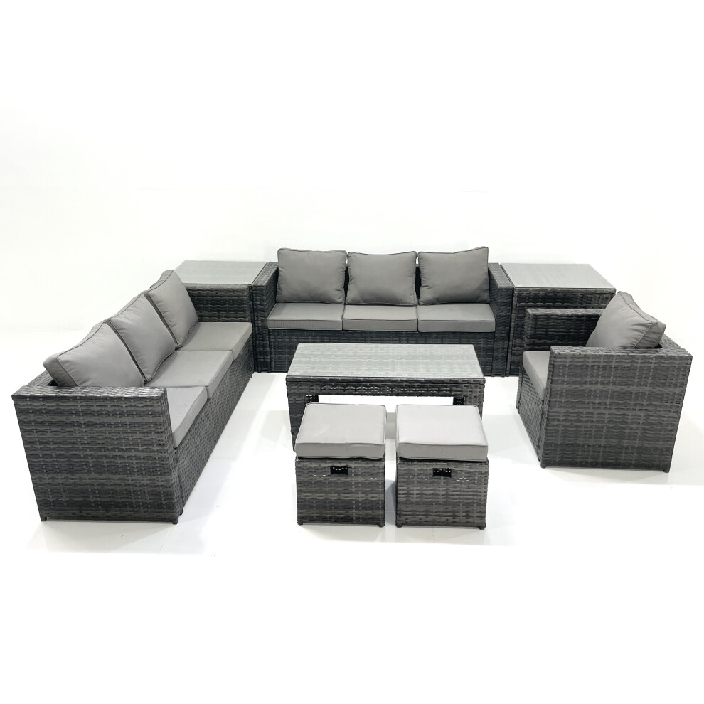 Fimous Rattan Garden Furniture Set Outdoor 9 Seater Patio Conversation Sets with Glass Top Coffee Table Stool 2 Side Tables