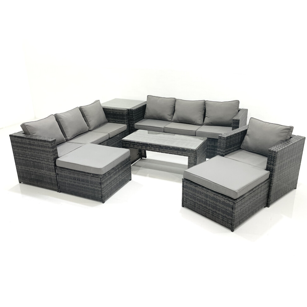 Rackhams Dark/Grey 9 Seater Rattan Garden Outdoor Furniture Set With 3 Seater Sofa Coffee Table 2 Big Footstool Side Table - Image 2
