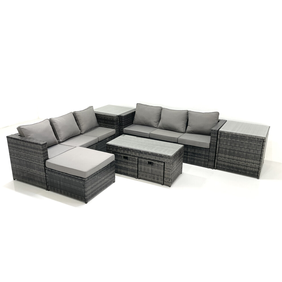 Fimous Garden Outdoor Rattan Furniture Set with Sofa Coffee table 3 Footstools 2 Side Tables Dark Grey Mixed