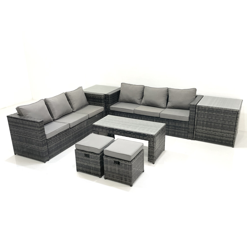 Fimous Garden Outdoor Rattan Furniture Set with Sofa Coffee table 2 Small Footstools 2 Side Tables Dark Grey Mixed-image-OPC-PFSS7YG-NEW