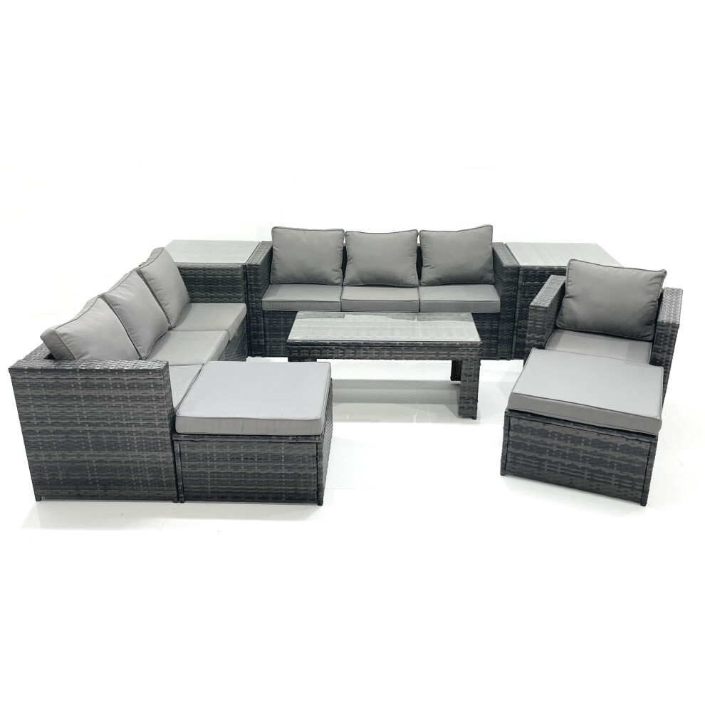 Fimous 9 Seater Rattan Garden Outdoor Furniture Set with 3 Seater Sofa Coffee Table 2 Big Footstool 2 Side tables