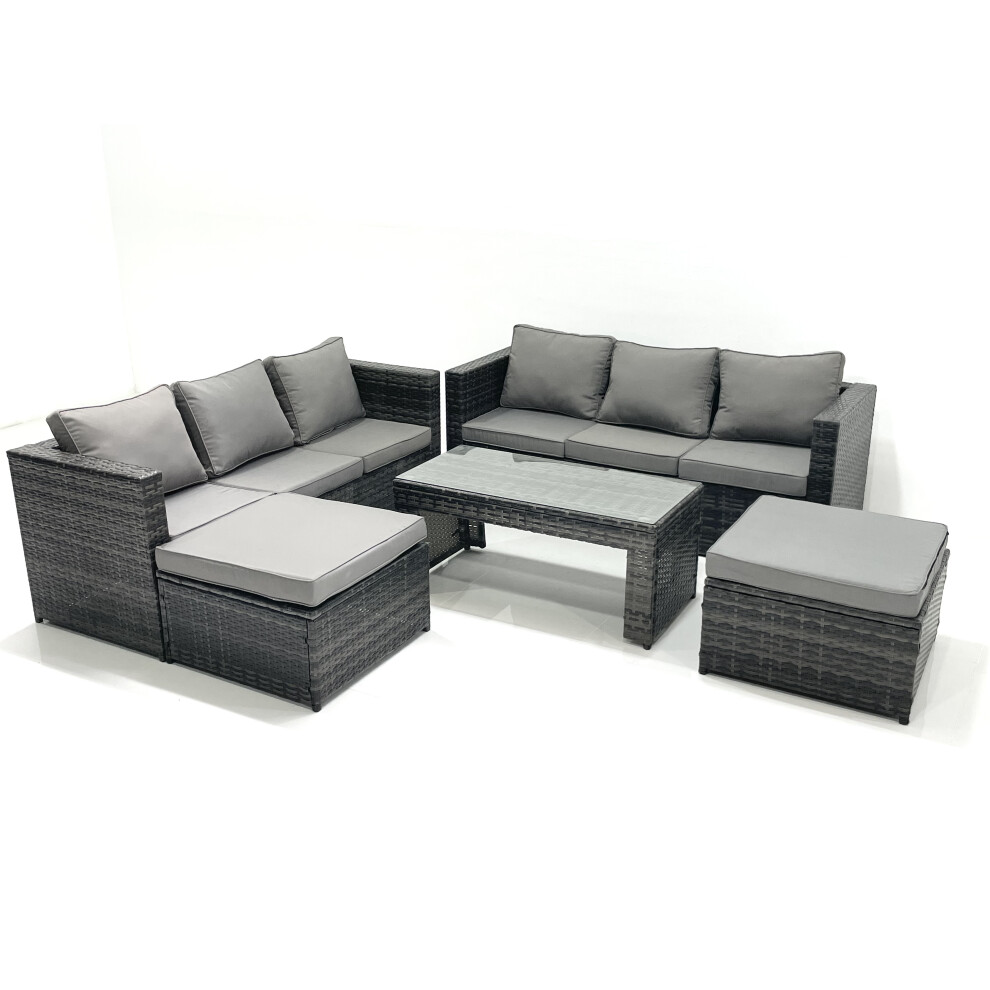 Fimous Garden Outdoor Rattan Furniture Set With Sofa Coffee Table 2 Big Footstools Dark Grey Mixed