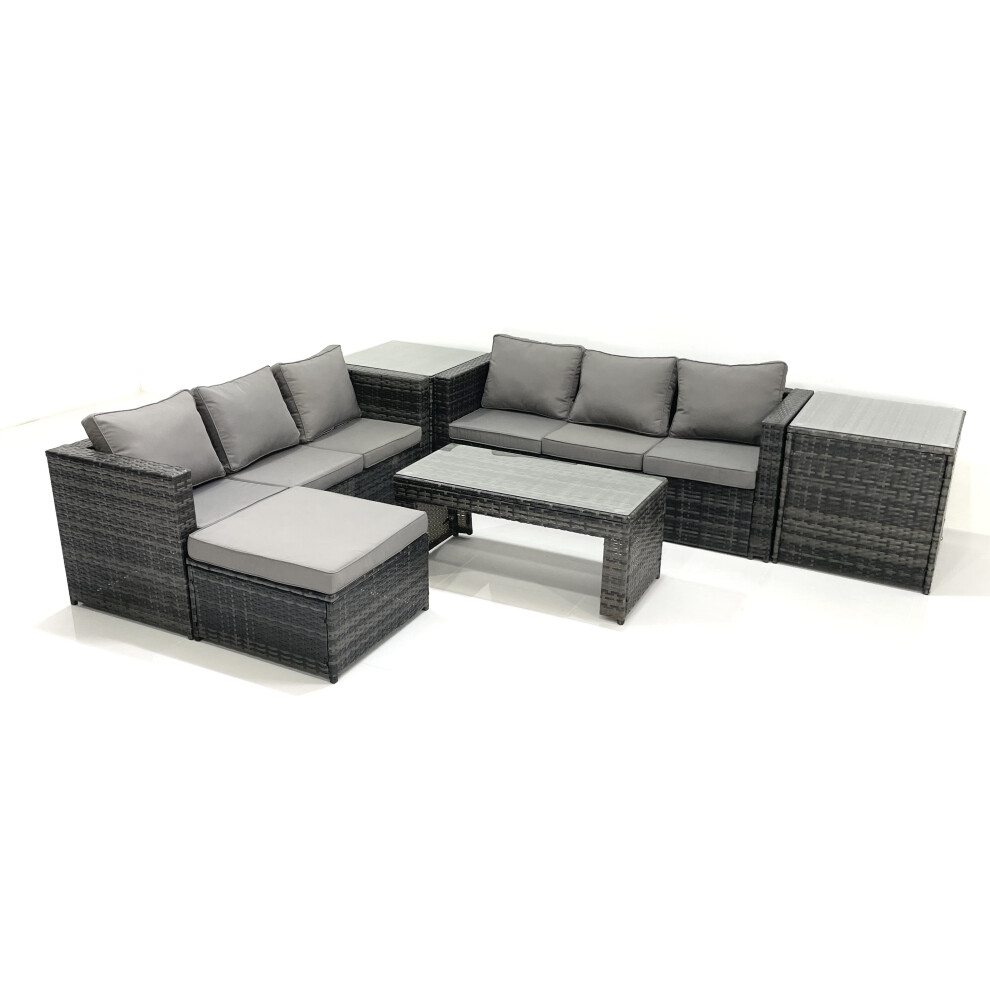 Fimous Unisex Dark Grey Garden Outdoor Rattan Furniture Set With Sofa Coffee Table Big Footstool Side Tables Mixed Size 2 - Image 2