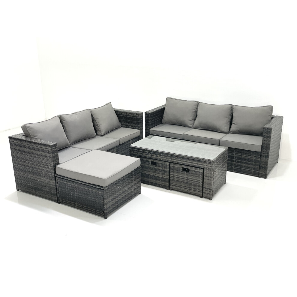 Rackhams Dark/Grey Garden Outdoor Rattan Furniture Set With Sofa Coffee Table 3 Footstools Mixed - Image 2
