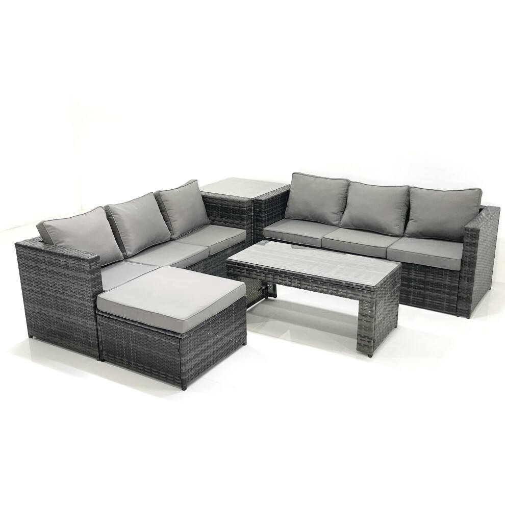 Fimous Garden Outdoor Rattan Furniture Set With Sofa Coffee Table Big Footstool Side Table Dark Grey Mixed