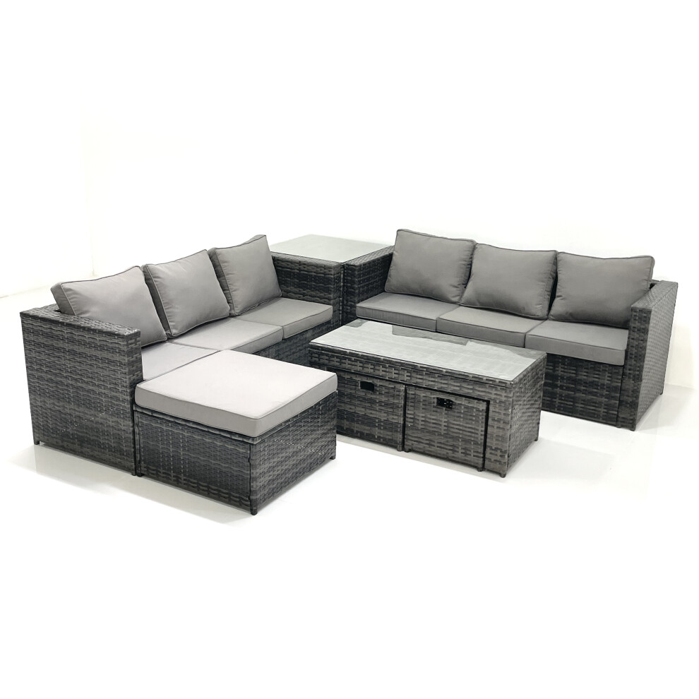 Fimous Garden Outdoor Rattan Furniture Set with Sofa Coffee table 3 Footstools Side Table Dark Grey Mixed