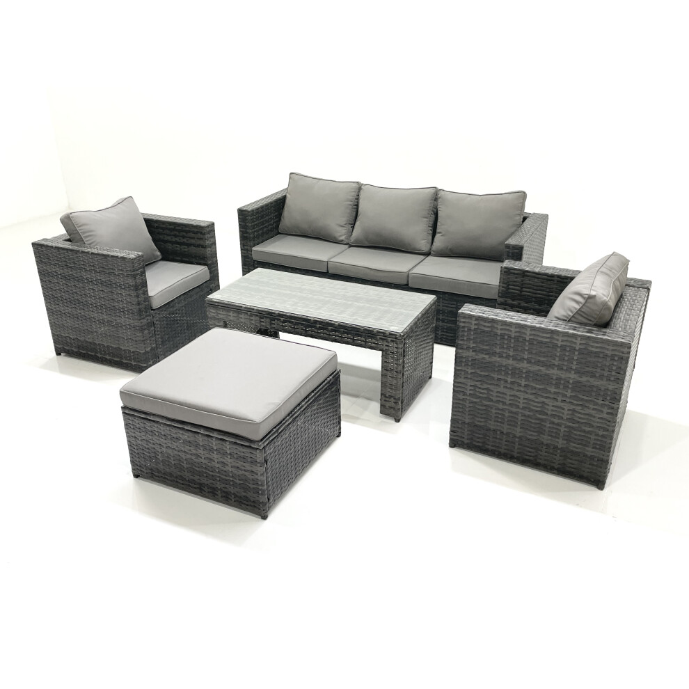 Fimous Rattan Garden Furniture Set Outdoor Lounger Sofa With Coffee Table 2 Armchair Big Footstool Dark Mixed Grey