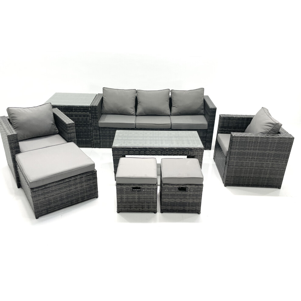 Fimous 8 Seater Rattan Garden Furniture Set Outdoor Lounger Sofa With Coffee Table 2 Armchair 3 Footstools Side Table Dark Mixed Grey
