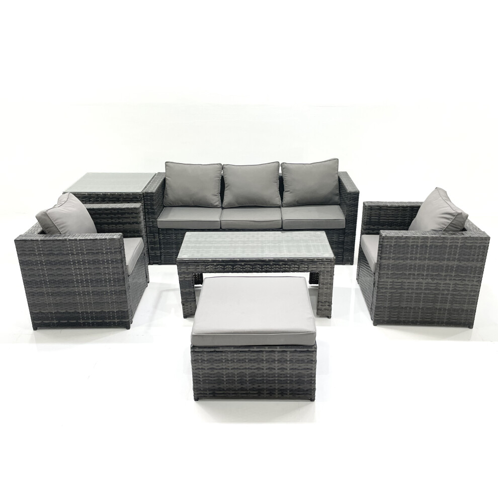 Fimous Rattan Garden Furniture Set Outdoor Lounger Sofa With Coffee Table 2 Armchair Big Footstool Side Table Dark Mixed Grey