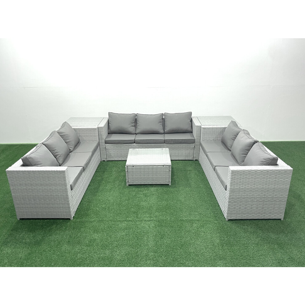 Fimous Rattan Garden Outdoor Furniture Set 9 Seater Rattan Garden Sofa Set with 2 Side Tables Light Grey Mixed