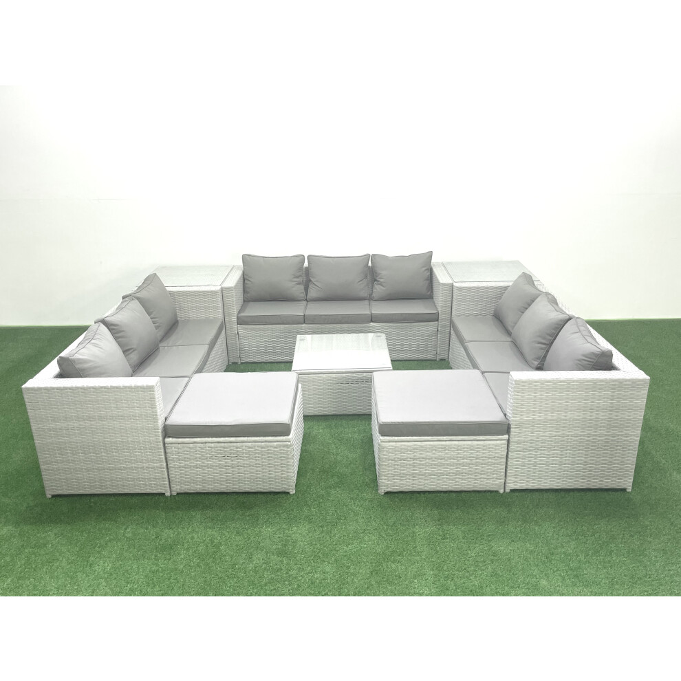 Fimous Rattan Garden Outdoor Furniture Set 11 Seater Rattan Garden Sofa Set with 2 Big Footstools 2 Side Tables Light Grey Mixed