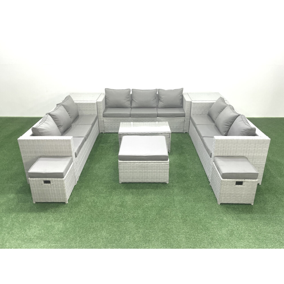 Fimous Rattan Garden Outdoor Furniture Set 12 Seater Garden Sofa Coffee Table Set with 3 Footstools 2 Side Tables Light Grey Mixed