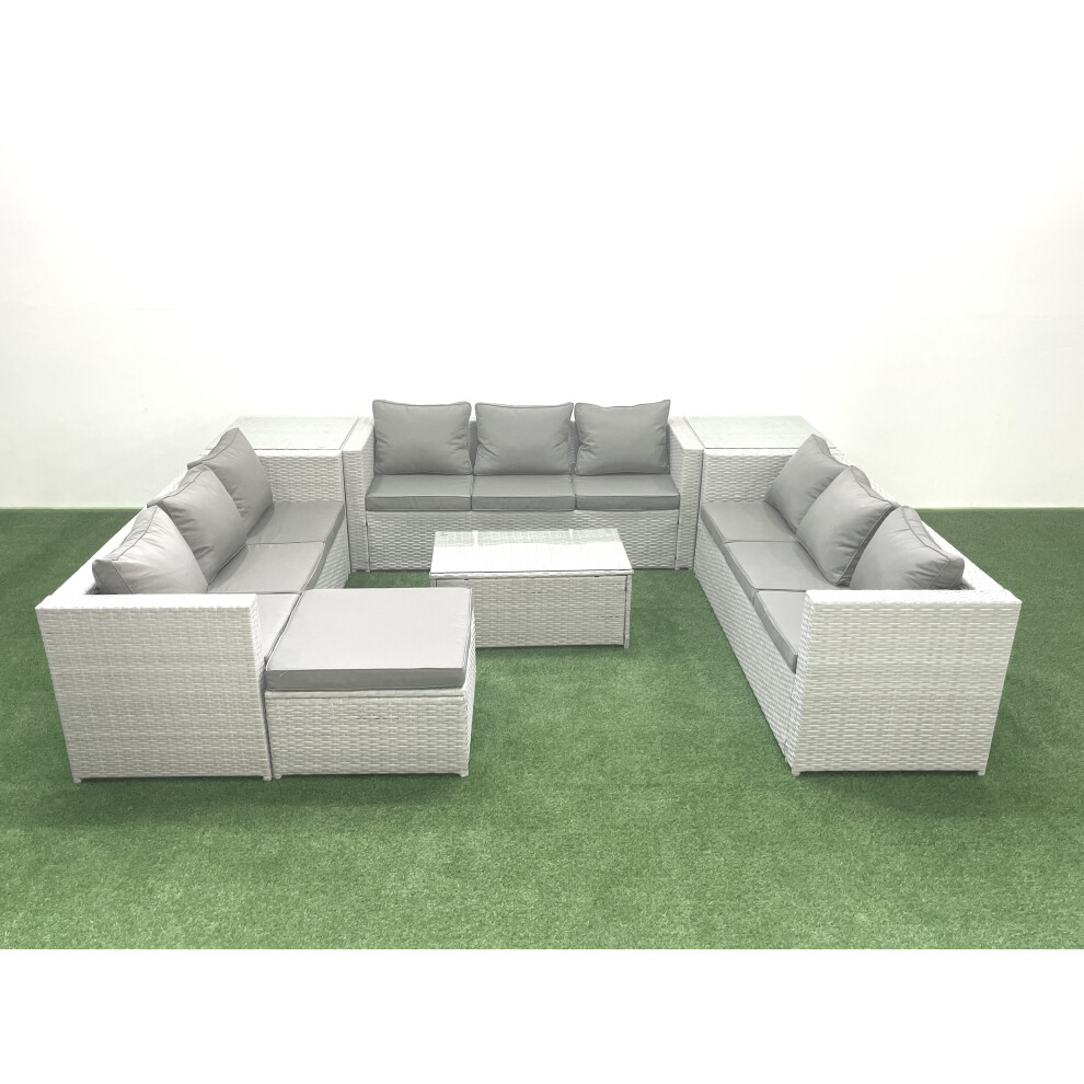 Fimous Rattan Garden Outdoor Furniture Set 10 Seater Garden Sofa Coffee Table Set with Big Footstool 2 Side Tables Light Grey Mixed