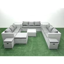 Fimous Rattan Garden Outdoor Furniture Set 12 Seater Rattan Garden Sofa Set with 3 Footstools 2 Side Tables Light Grey Mixed