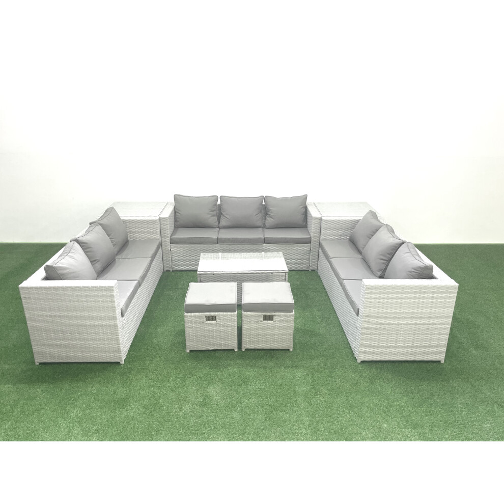 Fimous Rattan Garden Outdoor Furniture Set 11 Seater Garden Sofa Coffee Table Set with 2 Small Footstool 2 Side Tables Light Grey Mixed