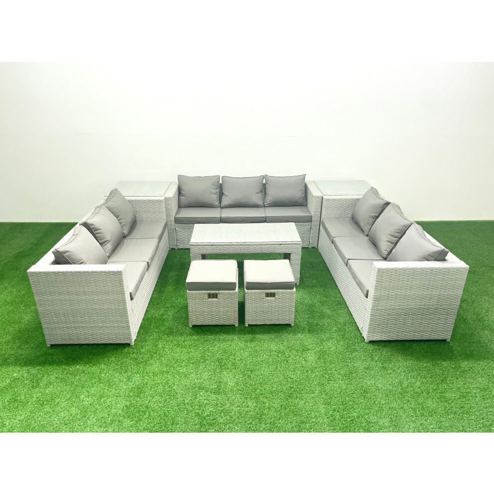 Fimous Rattan Garden Outdoor Furniture Set 11 Seater Garden Sofa Oblong Coffee Table Set with 2 Small Footstool 2 Side Tables