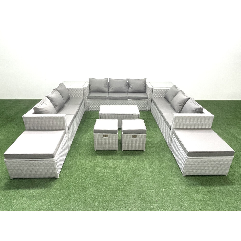 Fimous 10 Pieces Rattan Garden Furniture Set Outdoor Garden Sofa Coffee Table Set with 2 Side Tables 4 Footstools Light Grey Mixed