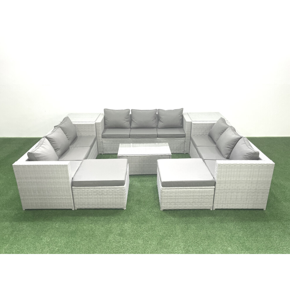 Fimous Rattan Garden Outdoor Furniture Set 11 Seater Garden Sofa Coffee Table Set with 2 Big Footstools 2 Side Tables Light Grey Mixed