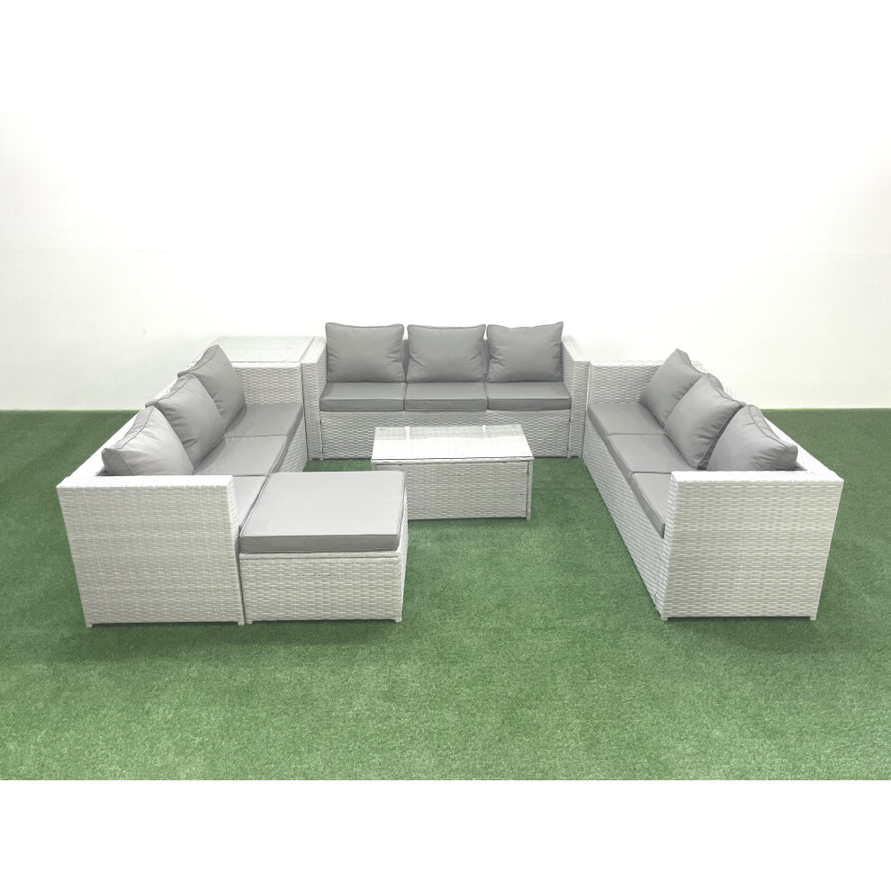 Fimous Rattan Garden Outdoor Furniture Set 10 Seater Garden Sofa Coffee Table Set with Big Footstool Side Table Light Grey Mixed