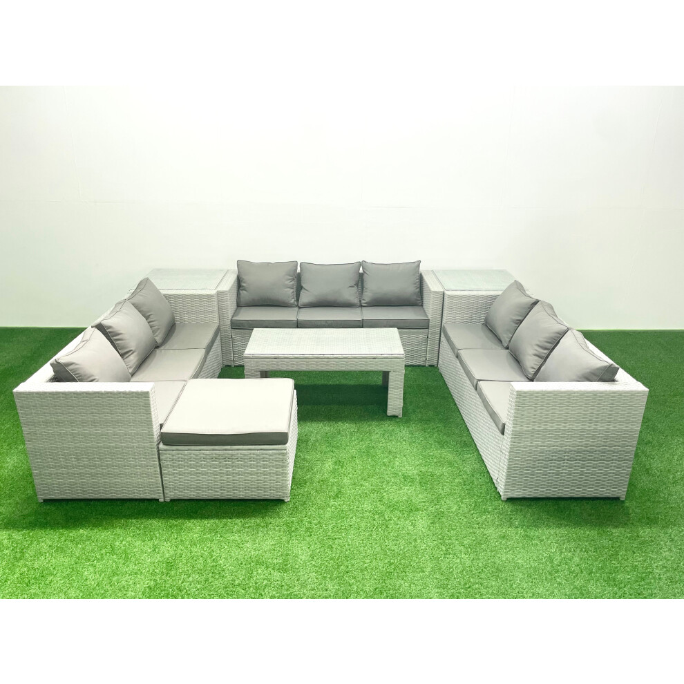 Fimous Rattan Garden Outdoor Furniture Set 10 Seater Garden Sofa Oblong Coffee Table Set with Big Footstool 2 Side Tables