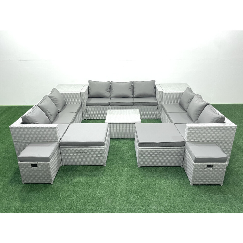 Fimous Unisex Light Grey Garden Outdoor Furniture Set Seater Rattan Sofa Set With 2 Side Tables 4 Footstools Mixed Size 14 - Image 2