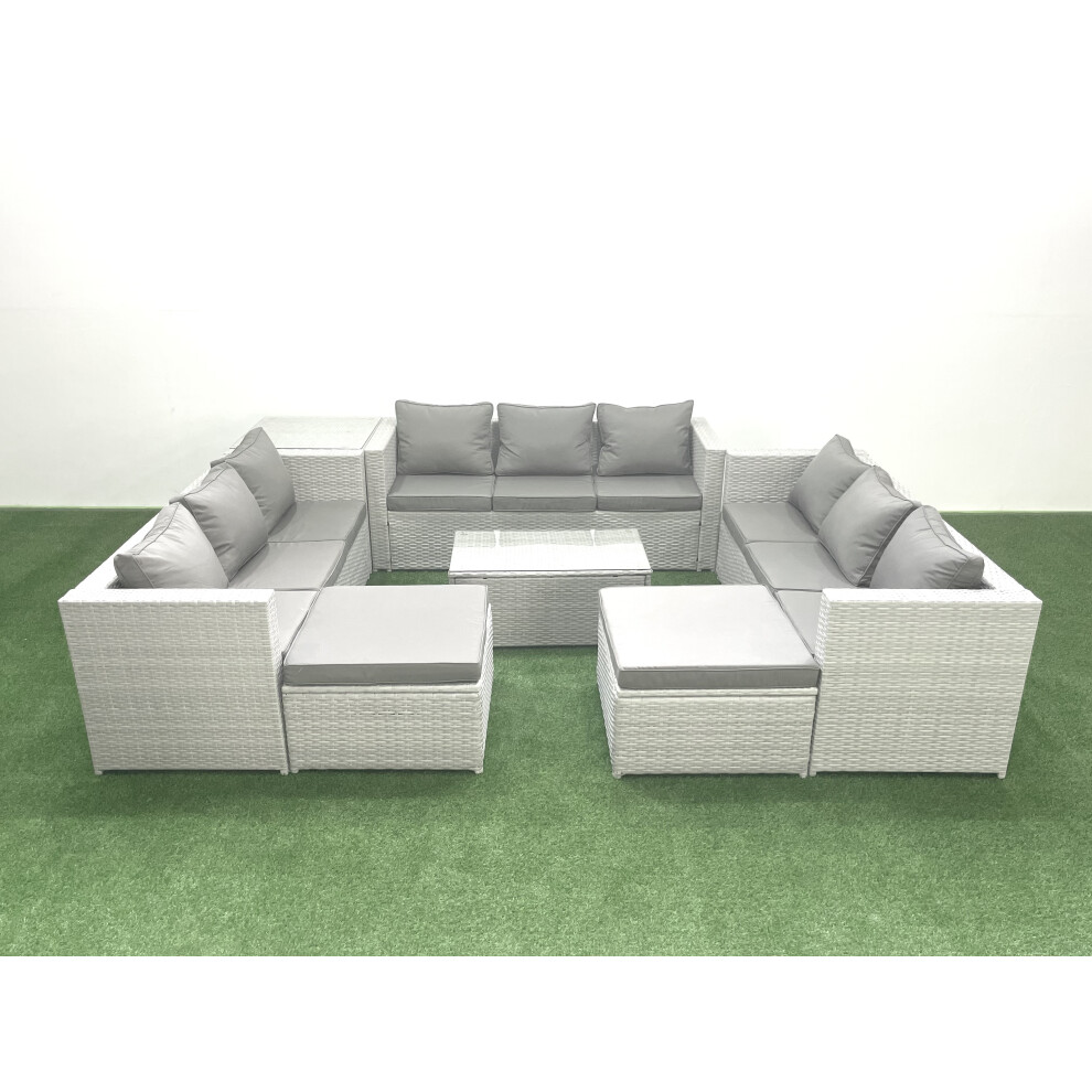 Fimous Rattan Garden Outdoor Furniture Set 11 Seater Garden Sofa Coffee Table Set with 2 Big Footstools Side Table Light Grey Mixed