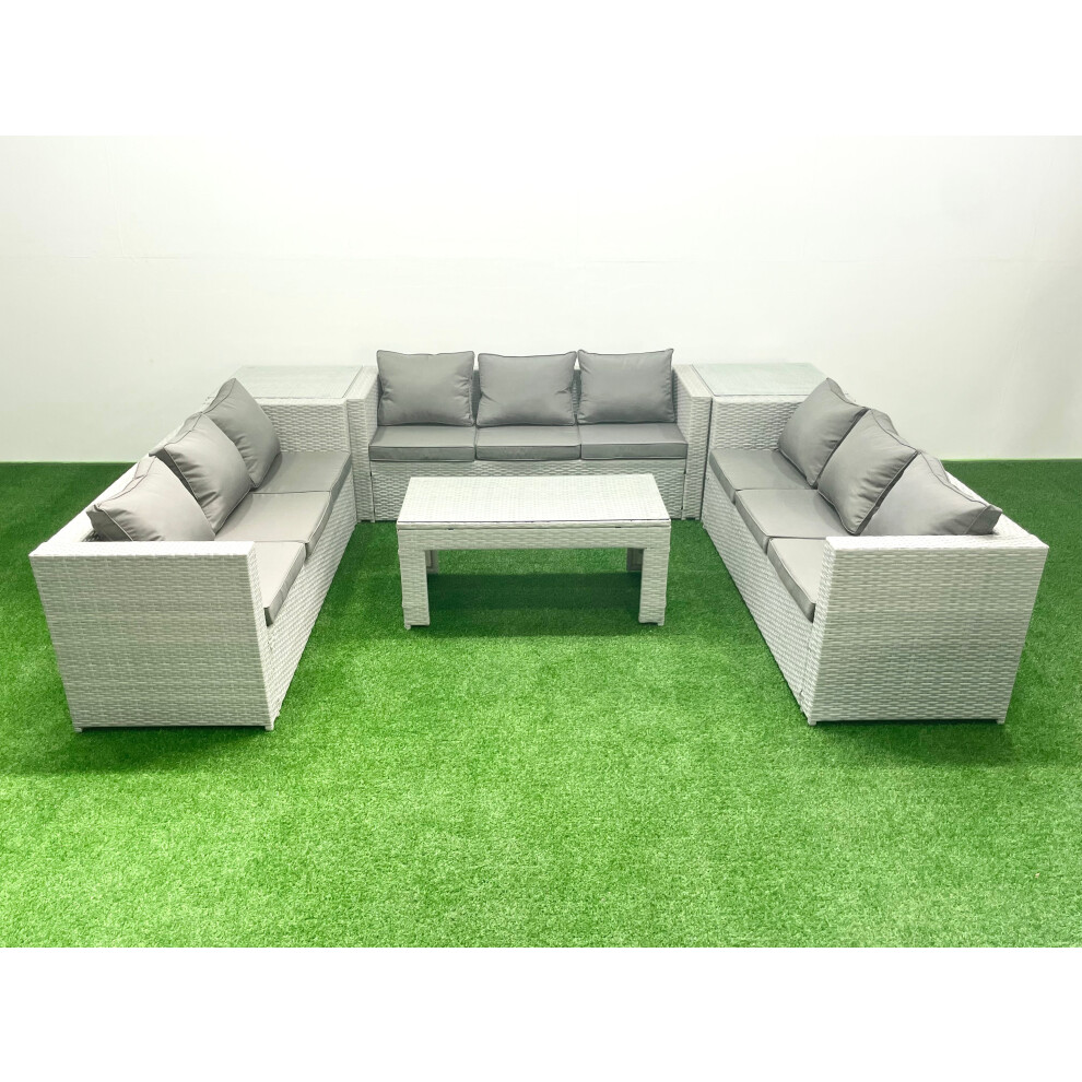 Fimous Rattan Garden Outdoor Furniture Set 9 Seater Garden Sofa Oblong Coffee Table Set with 2 Side Tables Light Grey Mixed