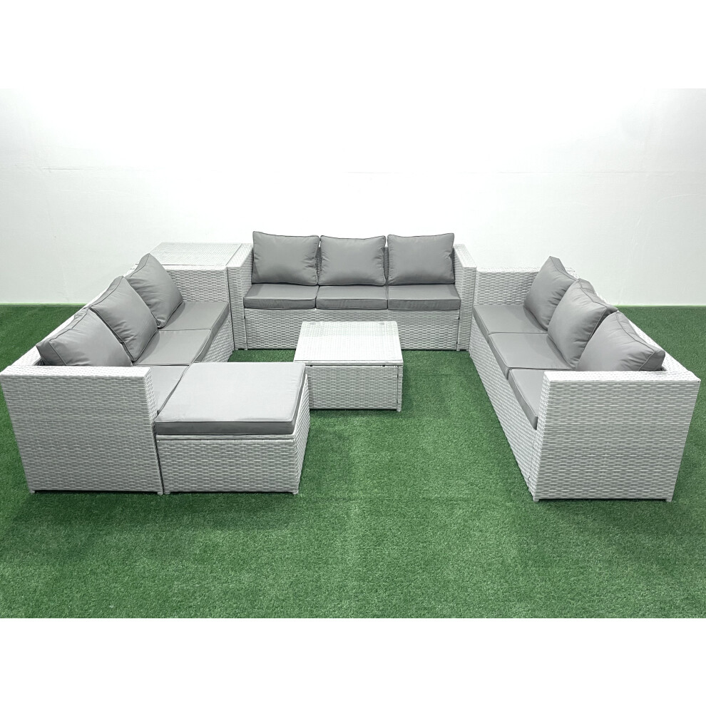 Fimous Rattan Garden Outdoor Furniture Set 10 Seater Rattan Garden Sofa Set with Big Footstool Side Table Light Grey Mixed