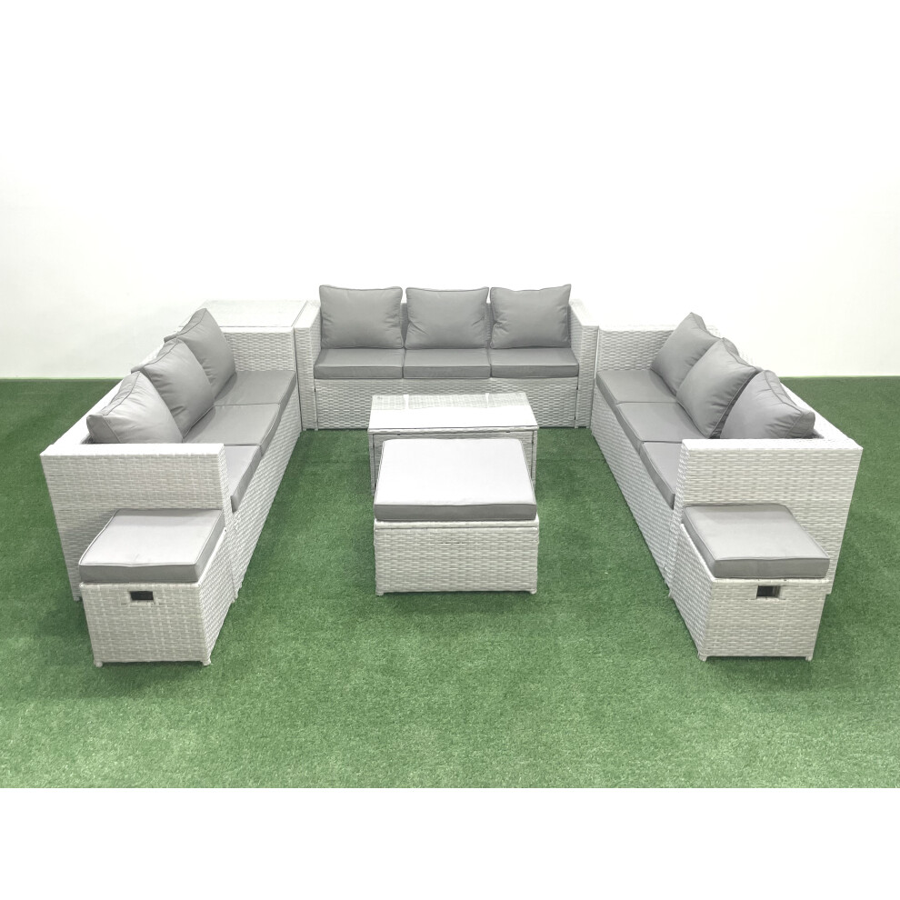 Fimous Rattan Garden Outdoor Furniture Set 12 Seater Garden Sofa Coffee Table Set with 3 Footstools Side Table Light Grey Mixed