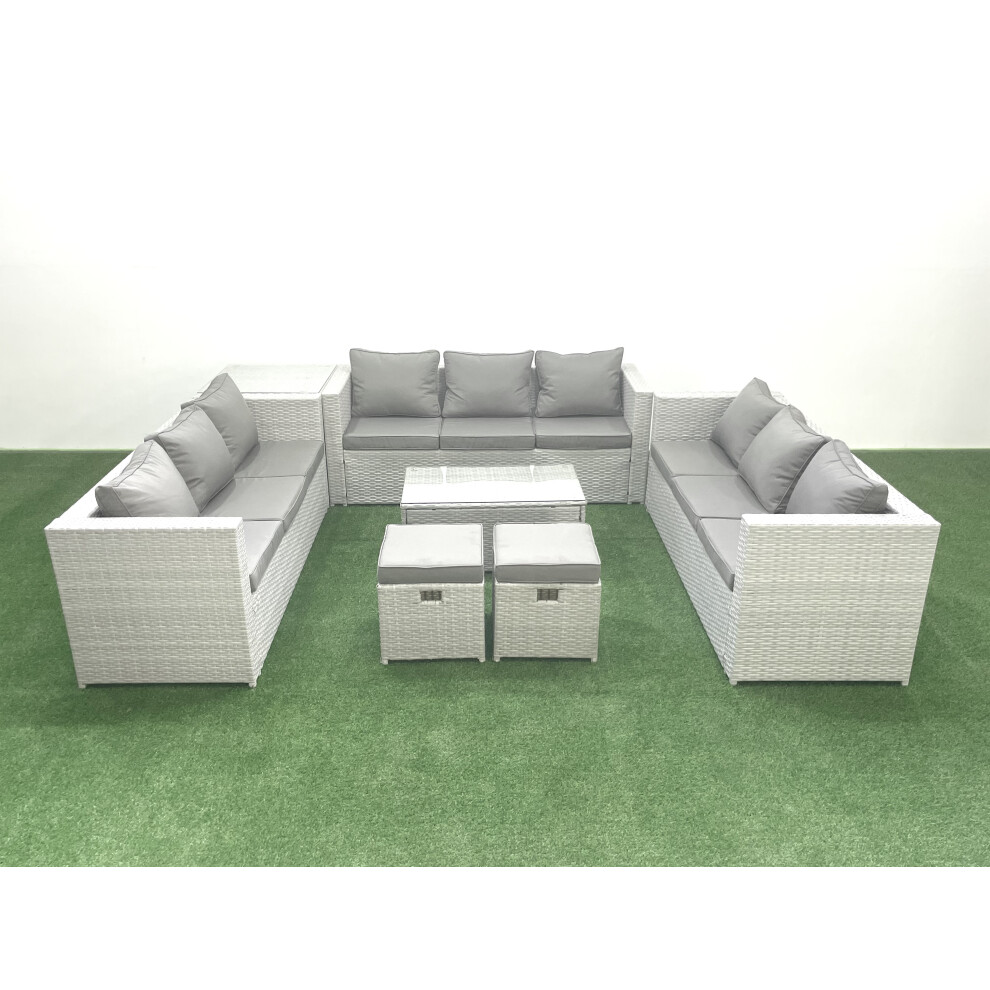 Fimous Rattan Garden Outdoor Furniture Set 11 Seater Garden Sofa Coffee Table Set with 2 Small Footstool Side Table Light Grey Mixed